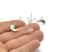 Silver Moon Earring, 6 Matte Silver Plated Brass Moon Stud Earring With 1 Loop (14x15mm) BS 2439