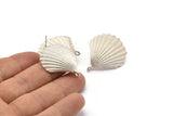 Silver Shell Earring, 2 Matte Silver Plated Brass Sea Shell Earring with 1 Loop, Findings (29x34mm) E283