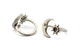 Silver Ring Settings, 2 Antique Silver Plated Brass Moon And Sun Ring With 1 Stone Setting - Pad Size 4mm N1497