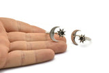 Silver Ring Settings, 2 Antique Silver Plated Brass Moon And Sun Ring With 1 Stone Setting - Pad Size 4mm N1497