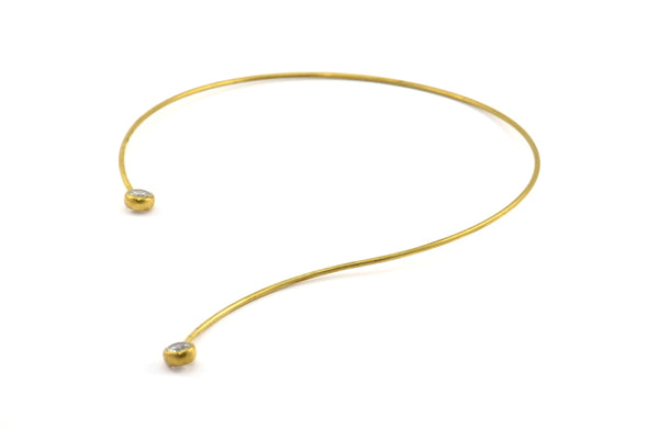 Brass Choker Necklace, 1 Raw Brass Open Wire Necklace With CZ Zircon Bead Ending P002 R055