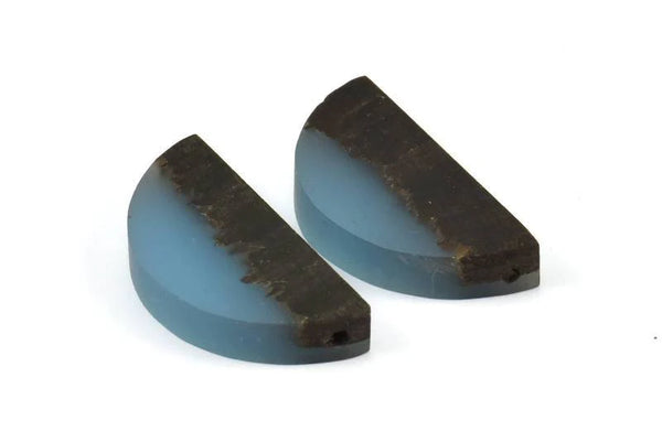 Resin&Wood Semicircle Pendant, 5 Blue Black Half Moon Pendant with 2 Holes (32x16mm) X001