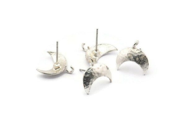 Silver Moon Earring, 6 Matte Silver Plated Brass Moon Stud Earring With 1 Loop (14x15mm) BS 2439