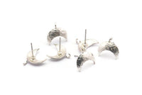 Silver Moon Earring, 6 Matte Silver Plated Brass Moon Stud Earring With 1 Loop (14x15mm) BS 2439
