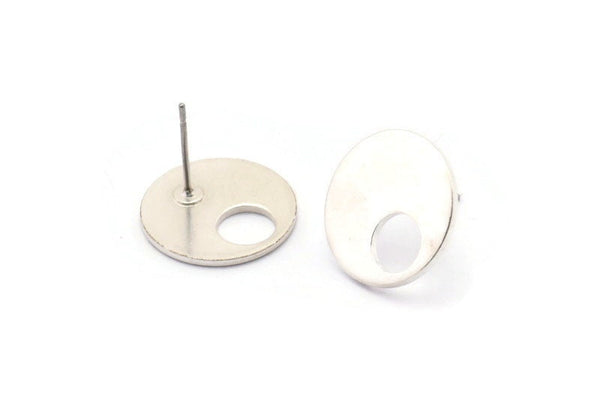 Silver Round Earring, 4 Matte Silver Plated Brass Hoop Stud Earrings (16x1mm) D1076 A1311