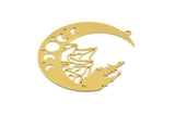 Brass Crescent Charm, 2 Raw Brass Mountain And Crescent Moon Patterned Charms With 1 Loop, Findings (47x41x0.60mm) A5313
