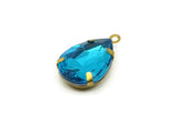 Drop Crystal Charm, 4 Aquamarine Swarovski Crystal Drop With Raw Brass Prong Setting (18x13mm) D1732