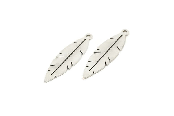 Silver Feather Charm, 12 Antique Silver Plated Brass Feather Charms With 1 Loop, Findings (25x7x0.60mm) SMP0441 Y208