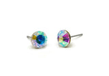 Brass Stud Earrings, 6 AB Aurore Crystal Rhinestones Beads Brass Stud Earrings Brass Setting for SS39 - 8.3mm SS39 D1275