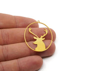 Brass Oval Charm, 2 Pieces Raw Brass Deer Patterned Oval Shaped Charms With 1 Loop, Earring Findings, Geometric Charms (41x30x0.60mm) SMP2813