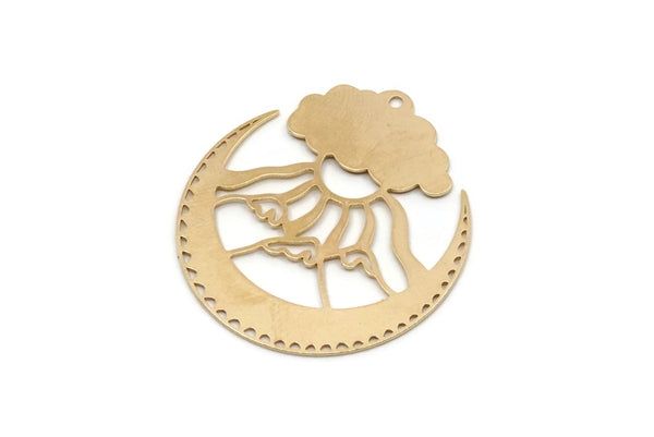 Brass Mount Charm, 4 Raw Brass Crescent Moon Charms With 1 Hole, Cloud Findings (35x32x0.60mm) SMP2932
