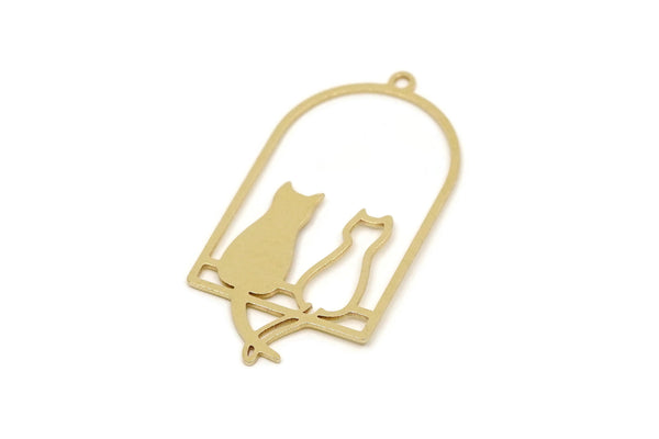 Brass Cat Charm, 4 Raw Brass Cat Charms With 1 Loop, Findings (38x20x0.60mm) SMP2768