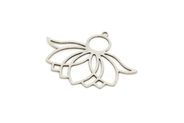 Silver Flower Charm, 4 Antique Silver Plated Brass Lotus Flower Charms With 1 Loop, Findings (26x34x0.60mm) SMP0991 SY0319