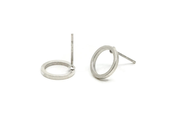 Silver Circle Earring, 4 Antique Silver Plated Brass Circle Stud Earrings (10mm) N0438 A1138