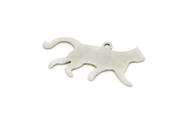 Silver Cat Charm, 6 Antique Silver Plated Brass Cat Shaped Charms With 1 Loop, Earring Findings (14.5x28x0.60mm) A5235