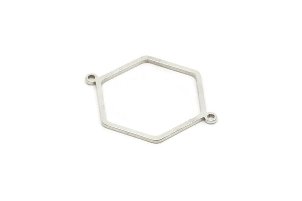 Silver Hexagon Connector, 8 Antique Silver Plated Brass Hexagon Shaped Connectors With 2 Loops, Geometric Connectors (31x23x1mm) A2999