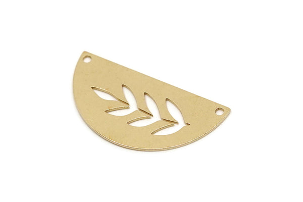 Semi Circle Charm, 6 Raw Brass Half Moon Charms With 2 Holes, Branch Pattern Jewellery Parts (15x30x0.60mm) SMP2760