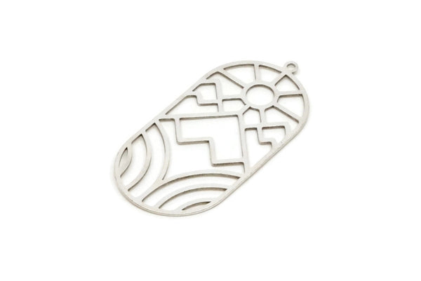 Silver Oval Charm, 2 Antique Silver Plated Brass Rising Sun And Mount Patterned Oval Shaped Charms With 1 Loop (42x21x0.60mm) SMP0576 SY0325