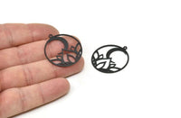 Black Round Charm, 6 Oxidized Black Brass Lotus Flower And Crescent Moon Patterned Round Charms With 1 Loop (31x28x0.60mm) A3301