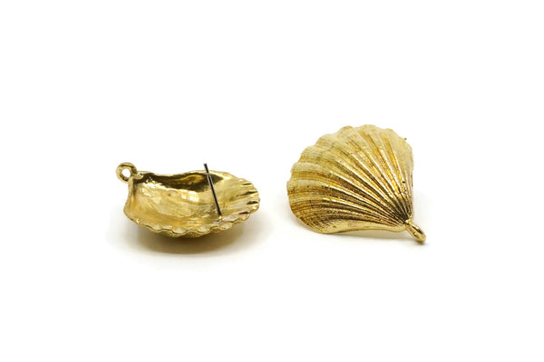 Brass Shell Earring, 2 Raw Brass Sea Shell Stud Earring With 1 Loop (33x26.5mm) E288 E570
