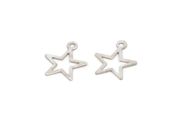 Silver Star Charm, 50 Antique Silver Plated Brass Star Charms With 1 Loop (14x12mm) Brs 299 A0298