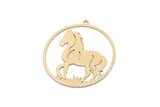 Brass Round Charm, 4 Raw Brass Horse Patterned Charms With 1 Loop, For Jewelry Making (32x30x0.60mm) SMP3005