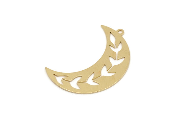 Brass Moon Charm, 6 Raw Brass Leaf Pattern Crescent Moon Charms With 1 Loop, Findings (11x32x0.60mm) SMP2758