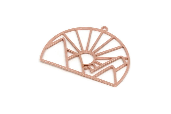 Copper Round Charm, 2 Raw Copper Rising Sun And Mount Patterned Round Shaped Charms With 1 Loop, Charm Pendants (29x38x0.80mm) SMP2910