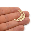 Brass Moon Charm, 6 Raw Brass Leaf Pattern Crescent Moon Charms With 1 Loop, Findings (11x32x0.60mm) SMP2758