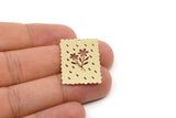 Brass Rectangle Charm, 4 Raw Brass Flower Patterned Rectangle Shaped Charms With 1 Hole, Findings (30x21x0.60mm) SMP2767