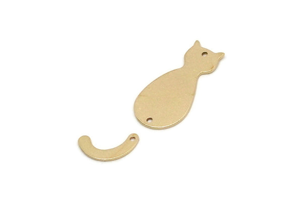 Brass Charm, 6 Raw Brass Dangle Cat Charm With Holes, Connector Parts, Brass Parts Of Dangles, Findings (32x10x0.60mm) SMP2778
