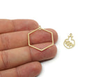 Brass Dangle Charm, Raw Brass Hexagon And Pomegranate Charms With 3 Loops, Charm Pendants, Geometric Findings (32x26x0.80mm) SMP3294