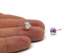 Brass Stud Earrings, 6 AB Aurore Crystal Rhinestones Beads Brass Stud Earrings Brass Setting for SS39 - 8.3mm SS39 D1275