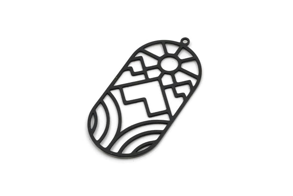 Black Oval Charm, 2 Oxidized Black Brass Rising Sun And Mount Patterned Oval Shaped Charms With 1 Loop (42x21x0.60mm) SMP0576 SY0325