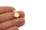 Brass Charm, 6 Raw Brass Dangle Cat Charm With Holes, Connector Parts, Brass Parts Of Dangles, Findings (32x10x0.60mm) SMP2778