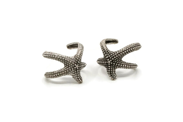 Silver Starfish Ring - 2 Antique Silver Plated Brass Adjustable Starfish Rings Mn69