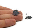 Black Leaf Earring, 6 Oxidized Black Brass Monstera Leaves Shaped Stud Earrings (16x15x0.60mm) A2924