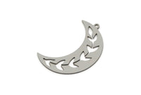 Steel Moon Charm, 6 Stainless Steel Leaf Pattern Crescent Moon Charms With 1 Loop, Findings (11x32x0.80mm) SMP2758