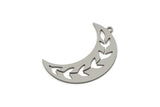 Steel Moon Charm, 6 Stainless Steel Leaf Pattern Crescent Moon Charms With 1 Loop, Findings (11x32x0.80mm) SMP2758