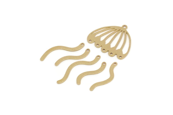 Brass Charm, 4 Raw Brass Dangle Jellyfish Charm With 1 Loop and Holes, Connector Parts, Brass Parts Of Dangles (44x21x0.60mm) SMP2783