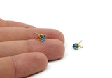 Brass Stud Earrings, 6 Aquamarine Crystal Rhinestone Beads Brass Stud Earrings Brass Setting for SS18 - 4.3mm SS18 N0279