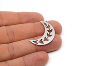 Steel Moon Charm, 6 Stainless Steel Leaf Pattern Crescent Moon Charms With 1 Loop, Findings (11x32x0.80mm) SMP2758