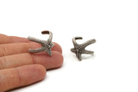 Silver Starfish Ring - 2 Antique Silver Plated Brass Adjustable Starfish Rings Mn69