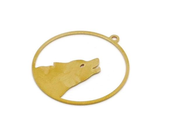 Brass Wolf Charm, 2 pieces Raw Brass Wolf Patterned Round Shaped Charms With 1 Loop, Earring Charm Findings (29x27x0.60mm) SMP2815