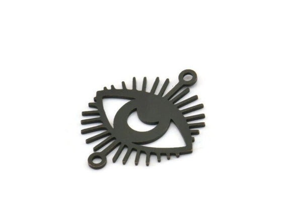 Black Eye Charm, 12 Oxidized Black Brass Crescent Moon Patterned Eye Shaped Charms With 2 Loops, Connectors (22x18x0.60mm) A3486
