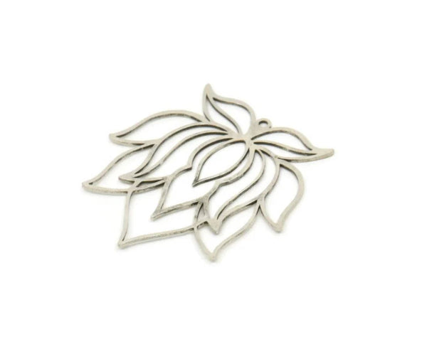 Silver Flower Charm, 4 Antique Silver Plated Brass Lotus Flower Charms With 1 Loop, Findings (36x35x0.60mm) SMP0023 A3364