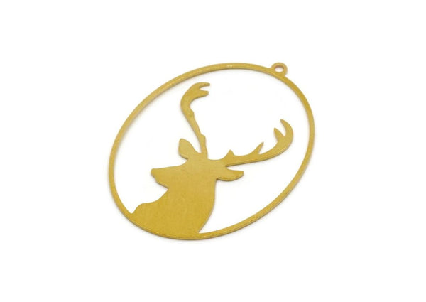 Brass Oval Charm, 2 Pieces Raw Brass Deer Patterned Oval Shaped Charms With 1 Loop, Earring Findings, Geometric Charms (41x30x0.60mm) SMP2813