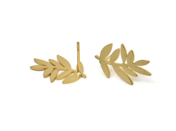 Gold Leaf Earring, 6 Gold Plated Brass Leaf Shaped Stud Earrings, Findings (17x11x0.60mm) A3006