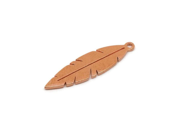 Copper Feather Charm, 4 Pieces Raw Copper Feather Charms With 1 Loop, Findings (25x7x0.80mm) SMP2801