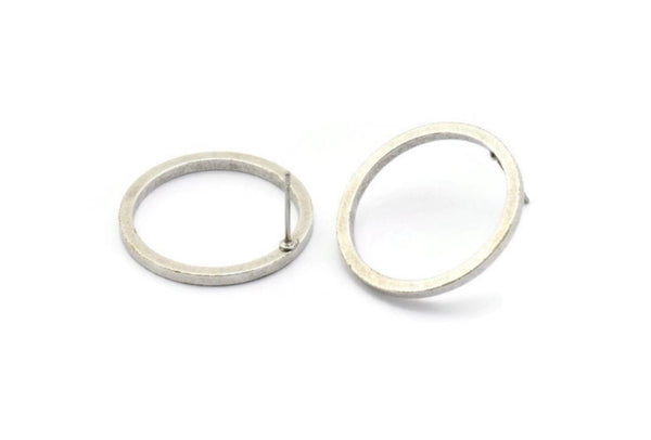 Silver Circle Earring, 4 Antique Silver Plated Brass Circle Stud Earrings (25x2x2mm) E009 A1932